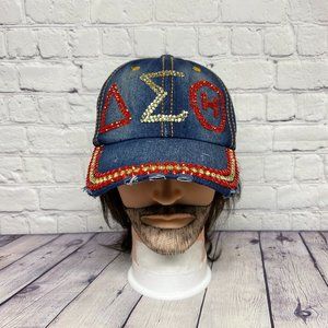 Distressed Hat Cap Women Strap Back Blue Denim Beaded Dazzled Rhinestones Bling